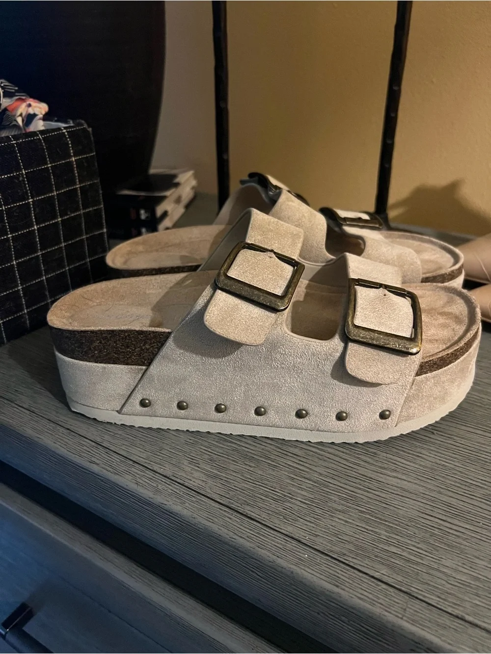 Madden Girl Beige Suede Double-Buckle Platform Sandals